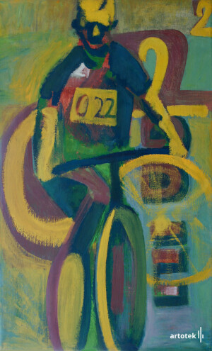 Sárga biciklis, 80x50 cm, enkausztika, vászon